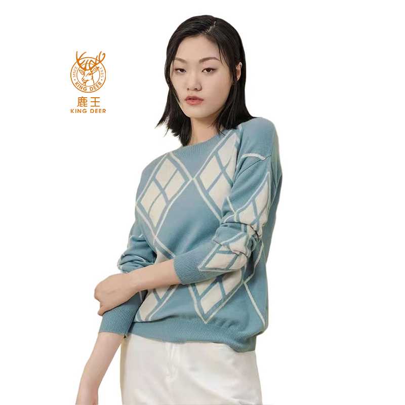 鹿王长袖菱形格圆领休闲山羊绒衫