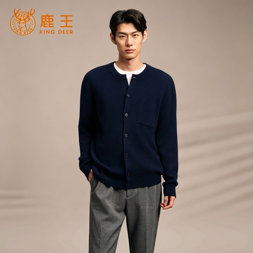 鹿王100%山羊绒男圆领厚款开衫冬