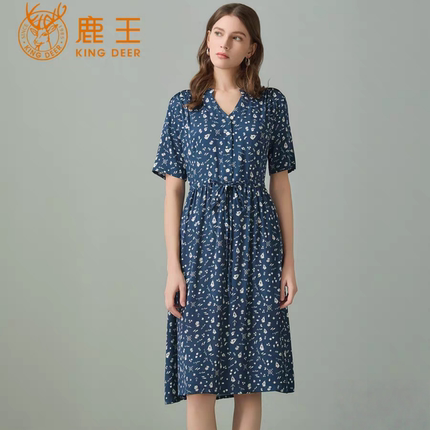 鹿王桑蚕丝连衣裙女V领碎花印花收腰中长裙法式田园风夏季新款裙
