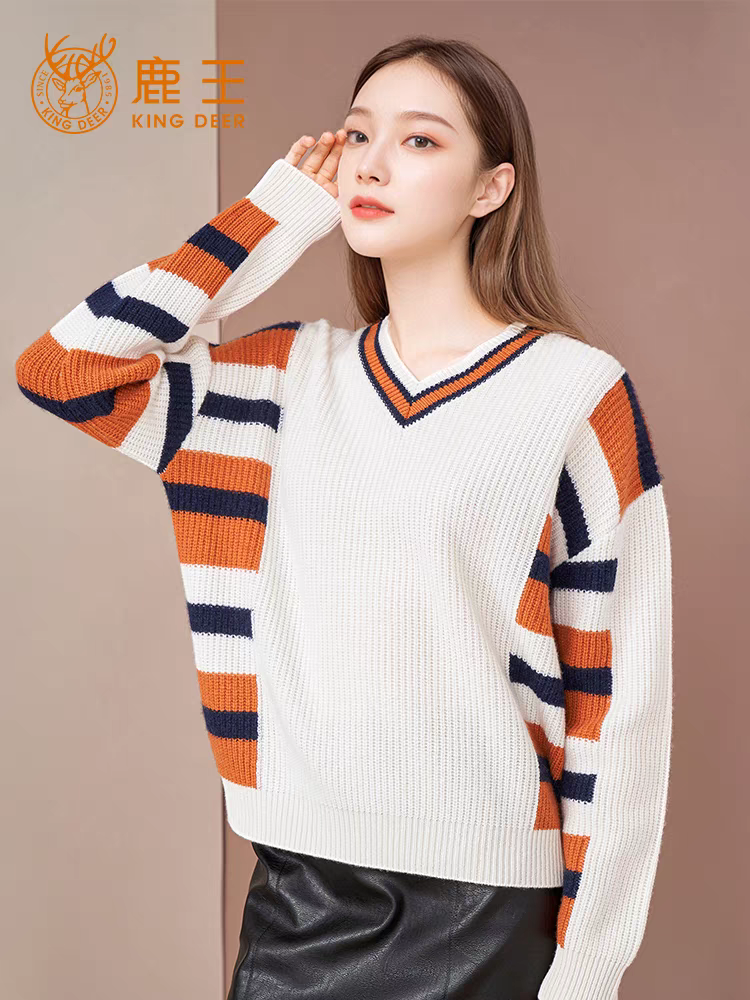 鹿王羊绒衫女士V领时尚变换组织长袖套衫春秋新款针织衫毛衣上衣