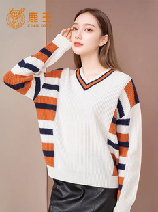 女士V领时尚 针织衫 变换组织长袖 春秋新款 毛衣上衣 套衫 鹿王羊绒衫