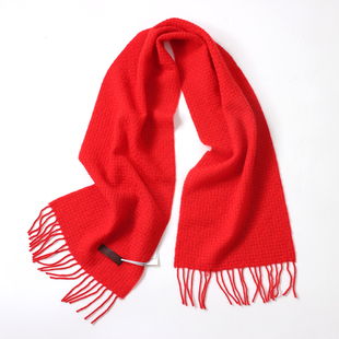 鹿王纯山羊绒围巾秋冬季百搭保暖休闲简约流苏针织短红色经典围脖