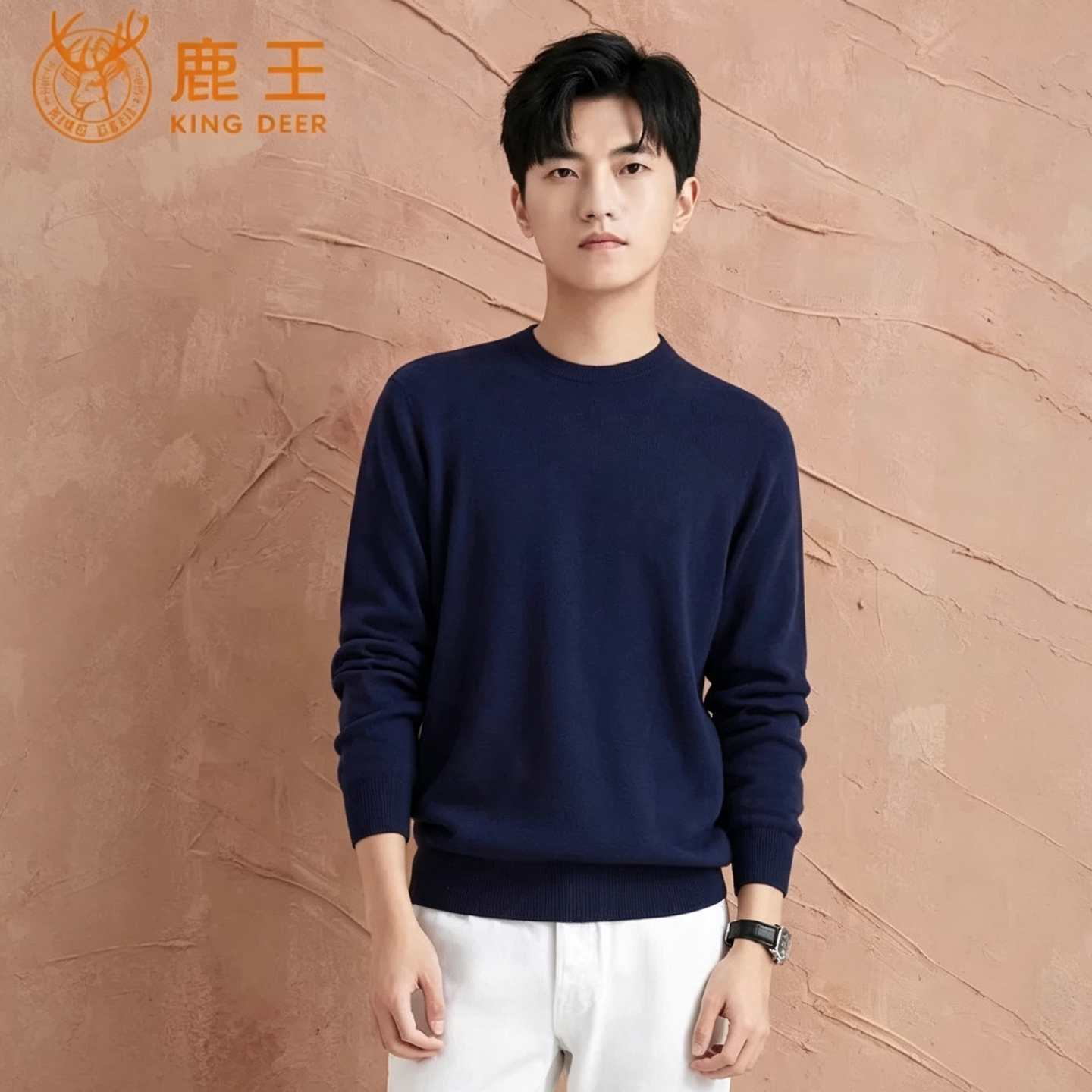 鹿王男士圆领纯色保暖长袖冬季百搭休闲山羊绒衫针织宽松毛衣打底