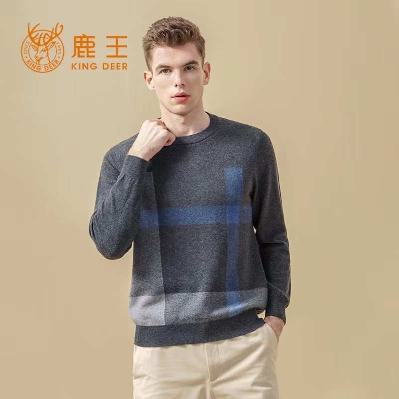 鹿王羊绒衫男圆领大方格休闲百搭秋冬季新款年轻时尚高端针织毛衣