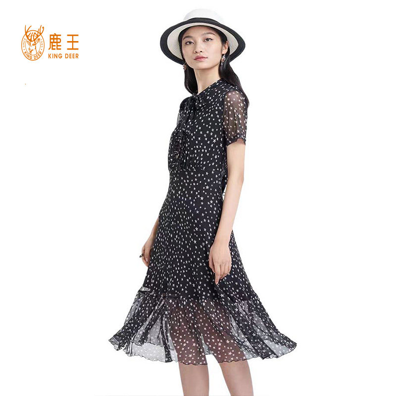 鹿王连衣裙女真丝中长款圆领星星飘带透气显瘦春夏新款桑蚕丝裙子