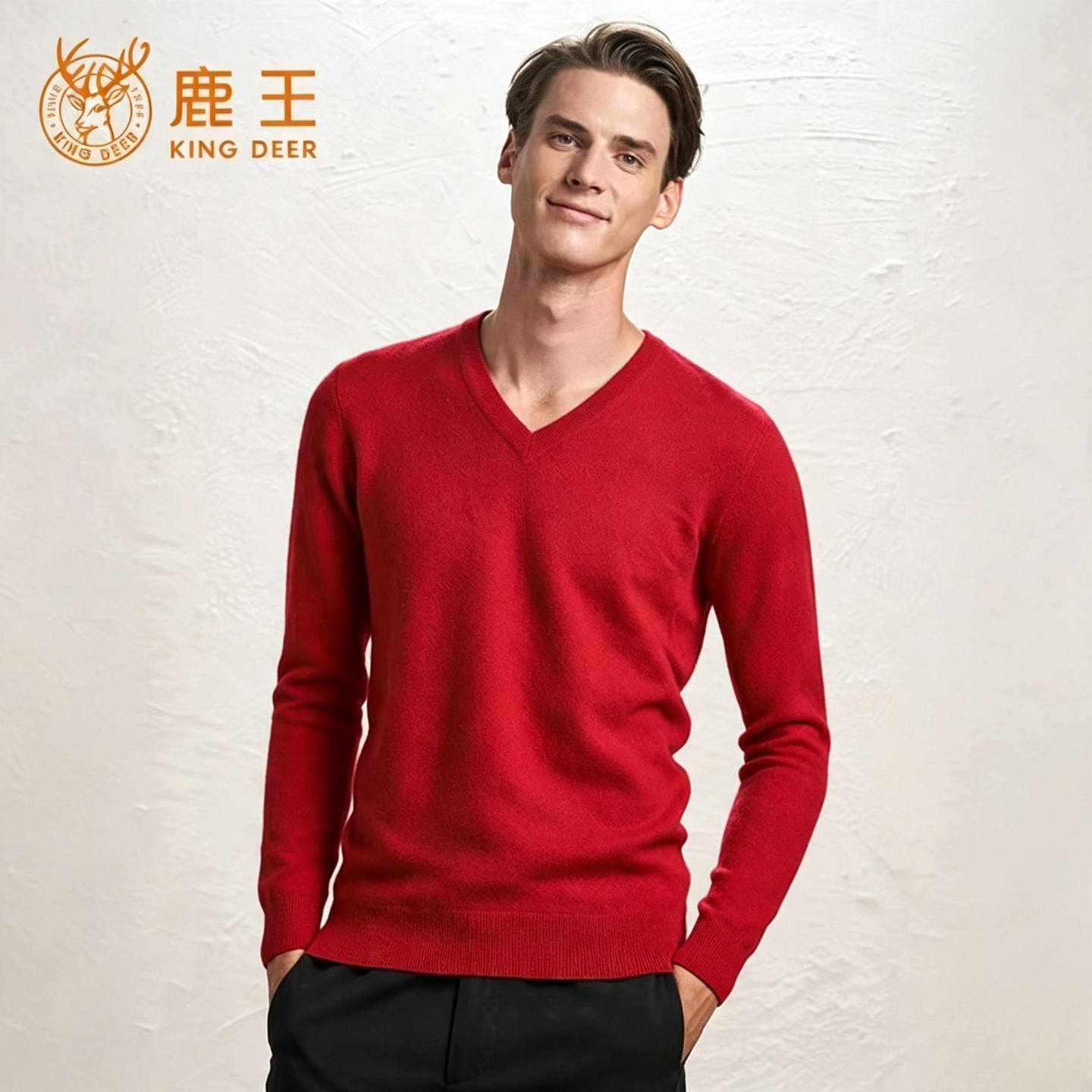 鹿王羊绒衫男士V领交织套头百搭