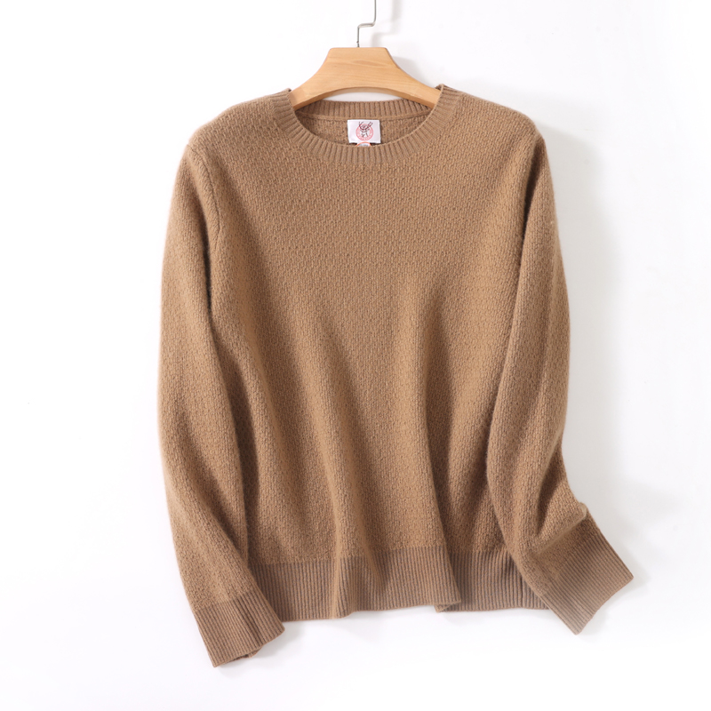 鹿王女士圆领纯山羊绒衫秋冬季百搭套头针织拉绒提花休闲简约毛衣