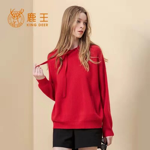 鹿王女连帽加厚保暖套头山羊绒衫