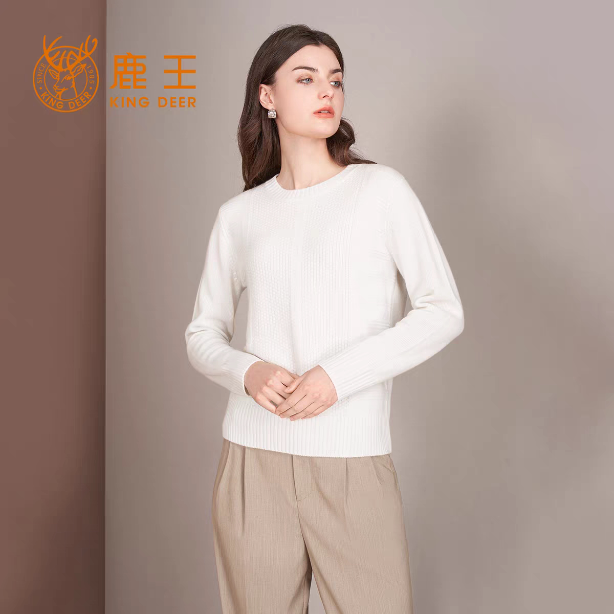 鹿王女士圆领纯山羊绒衫秋冬新款保暖休闲简约针织打底套头毛衣
