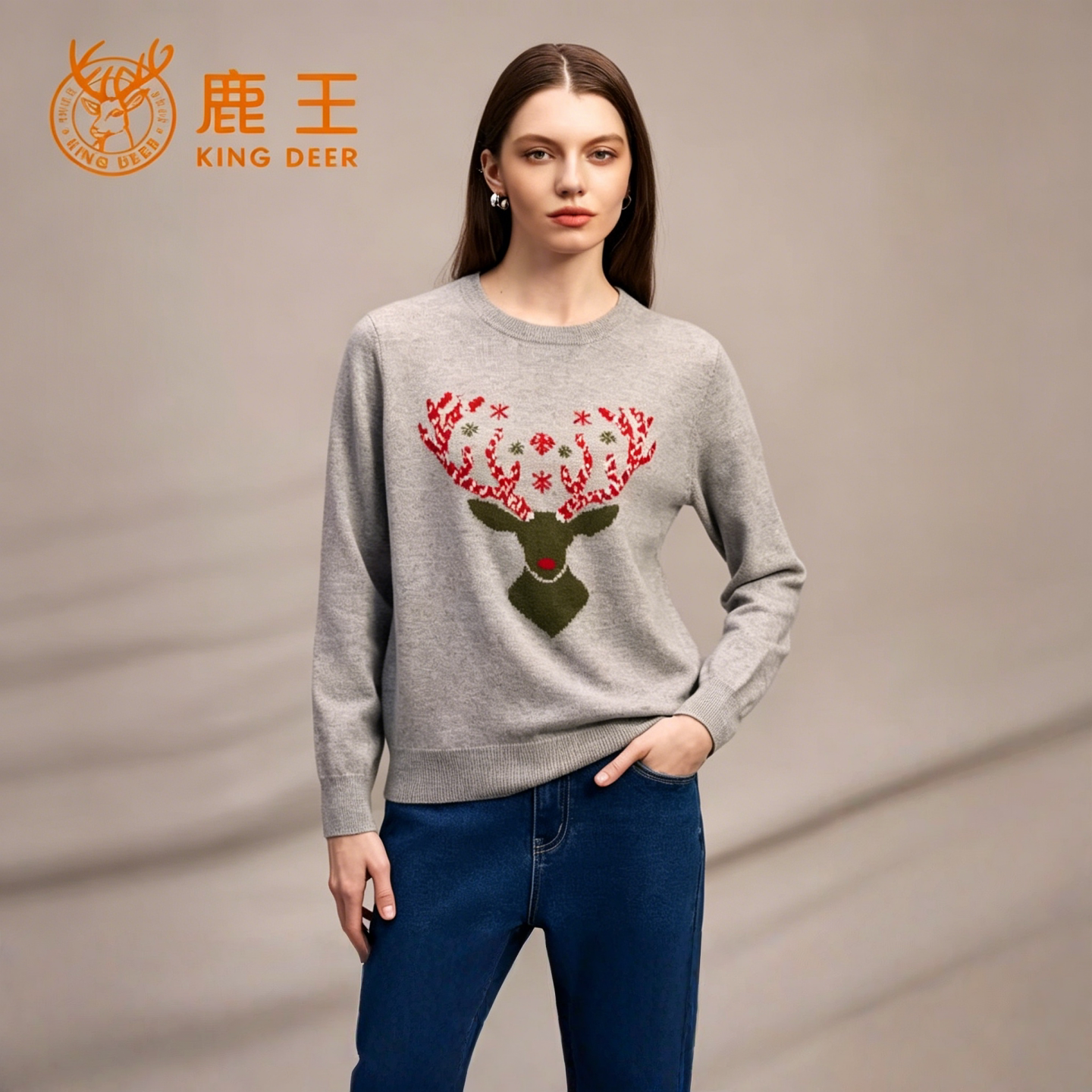 鹿王女圆领保暖提花羊绒衫