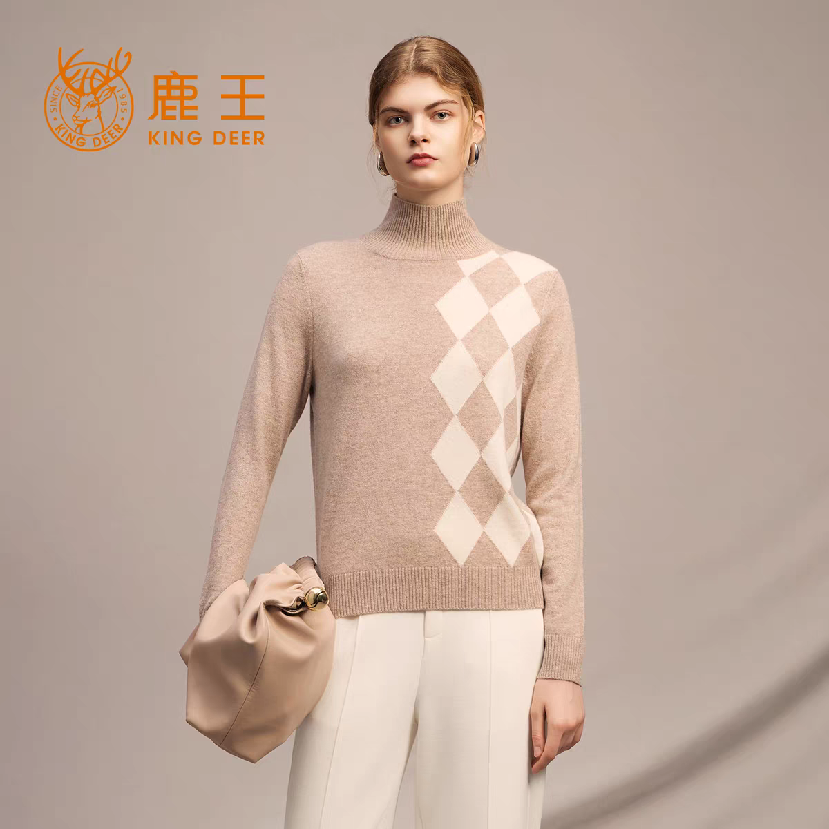 鹿王女士半高领纯山羊绒衫冬季新款百搭针织菱形格设计保暖套头衫,女装/女士精品,羊绒衫,淘宝优惠券,粉丝福利购,淘宝优惠卷