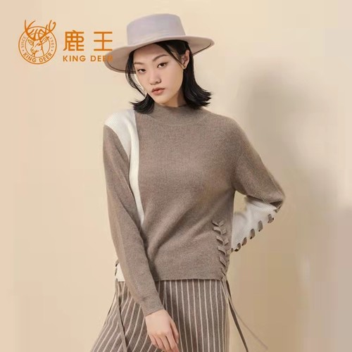 鹿王长袖半高领休闲山羊绒衫女