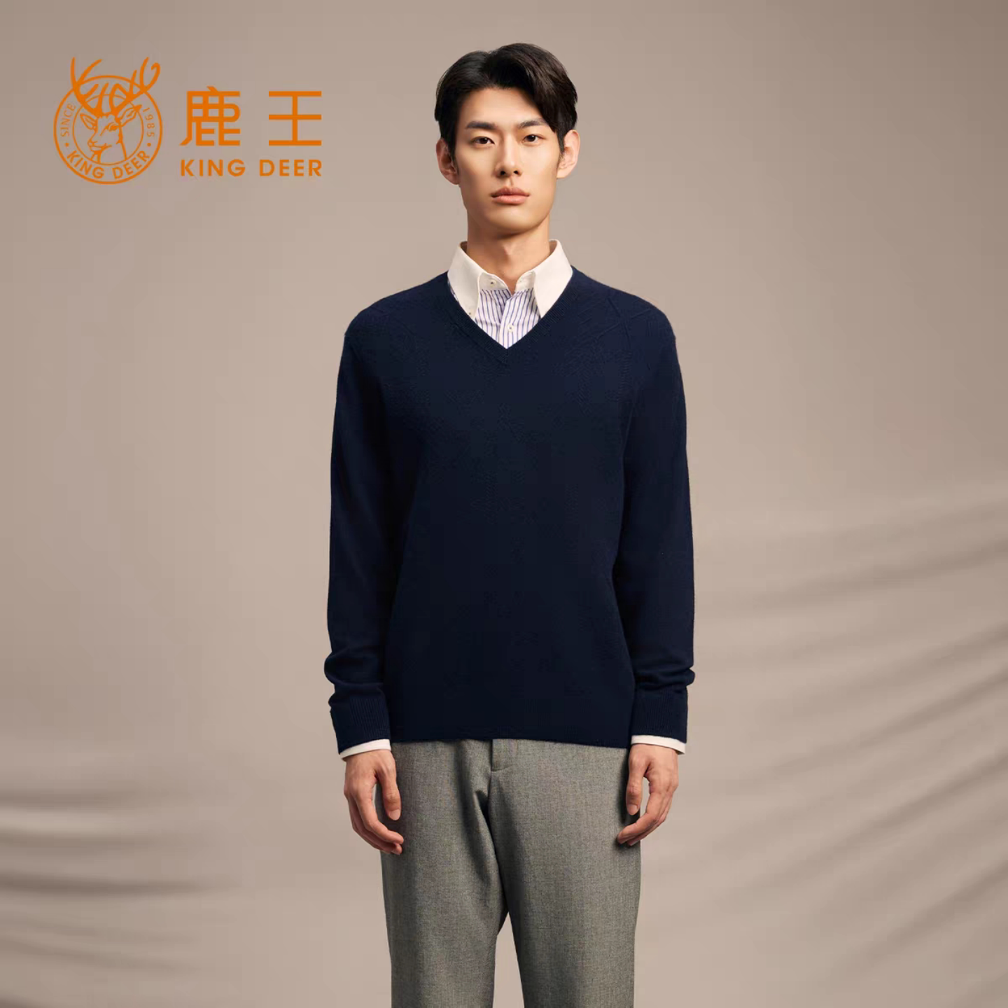 鹿王100%山羊绒衫男士V领套头商务穿搭休闲百搭针织蓝色保暖毛衣