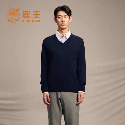 鹿王100%山羊绒衫男V领保暖毛衣