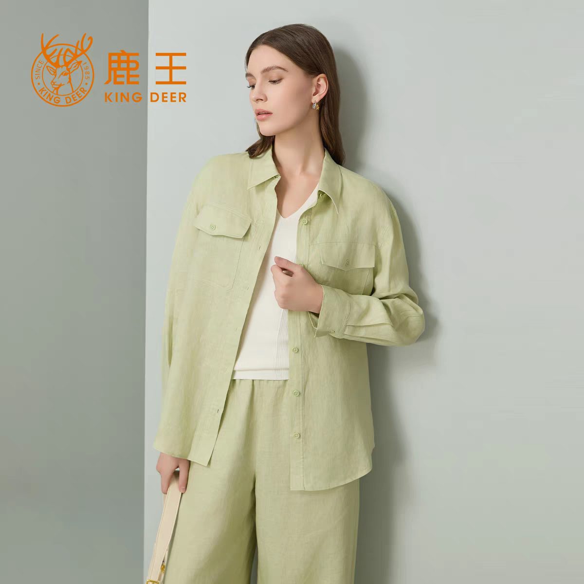 鹿王女士长袖亚麻衬衫2026春夏季新款纯色宽松休闲百搭衬衣外套