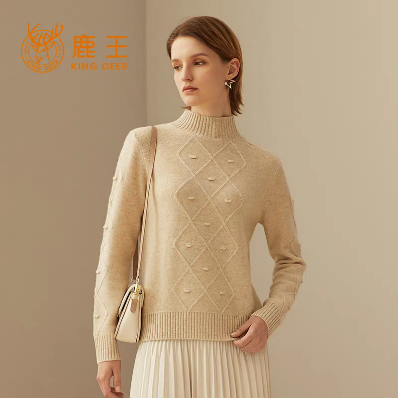 鹿王女士半高领纯山羊绒衫秋冬季保暖百搭简约舒适套头针织毛衣厚