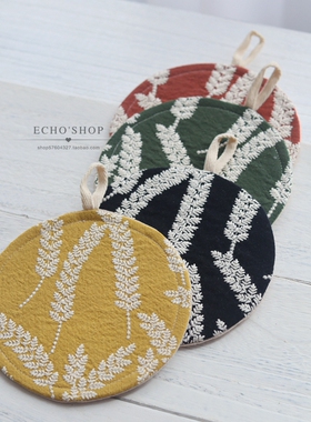 北欧刺绣棉麻布艺夹棉家用杯垫餐厅圆形餐垫碗垫隔热垫适合拍照