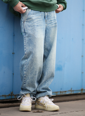 ABSURD LOGIC 荒诞逻辑 美式休闲直筒做旧水洗磨白复古蓝牛仔裤