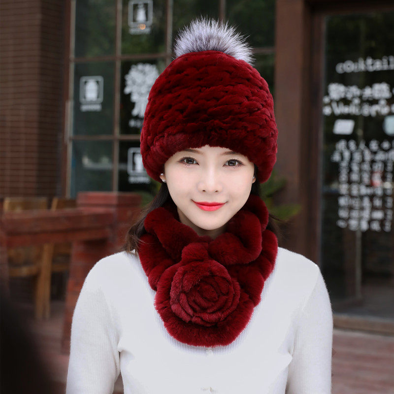 獭兔毛帽子女冬季皮草围巾两件套装针织毛线帽妈妈中老年围脖保暖