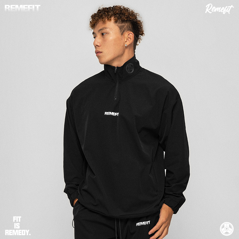 REMEFIT 夜光杠铃片 基础美式半拉立领翻领尼龙弹力运动夹克外套