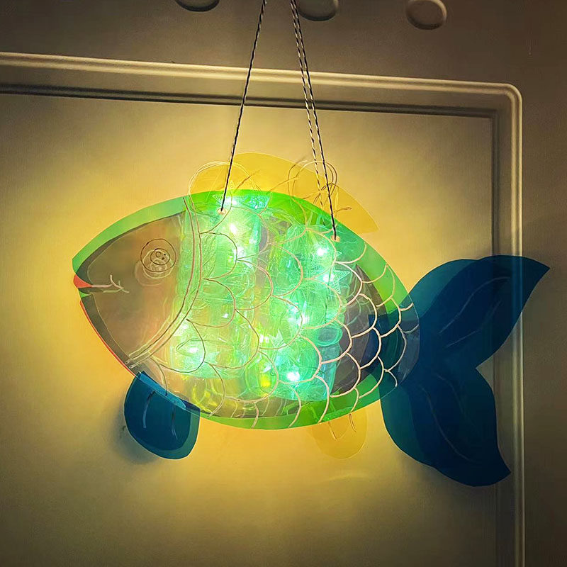 灯笼鱼中秋节手工灯笼diy彩虹鱼灯会发光的鱼玻璃纸灯笼材料包