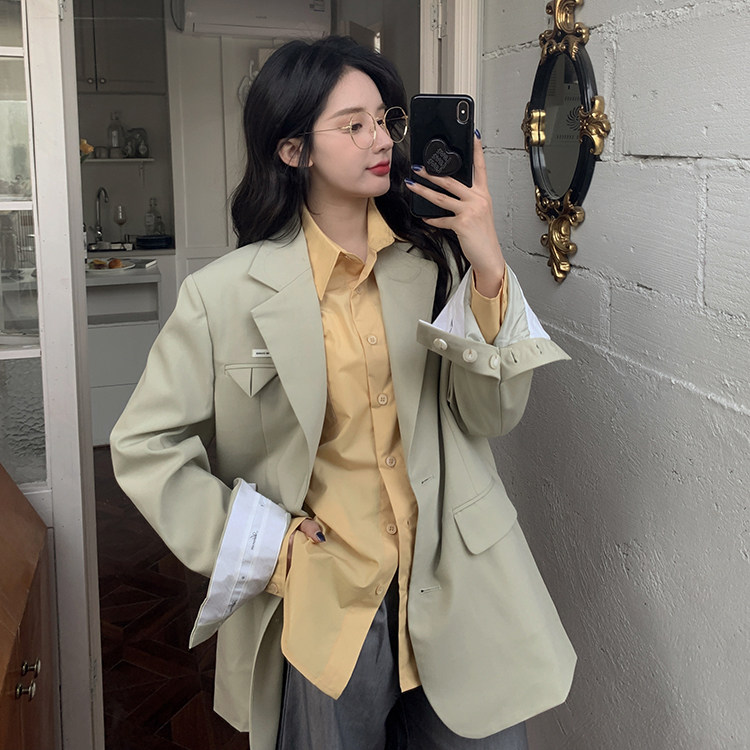 Real shooting irregular loose top shirt silhouette small suit suit suit coat two piece set