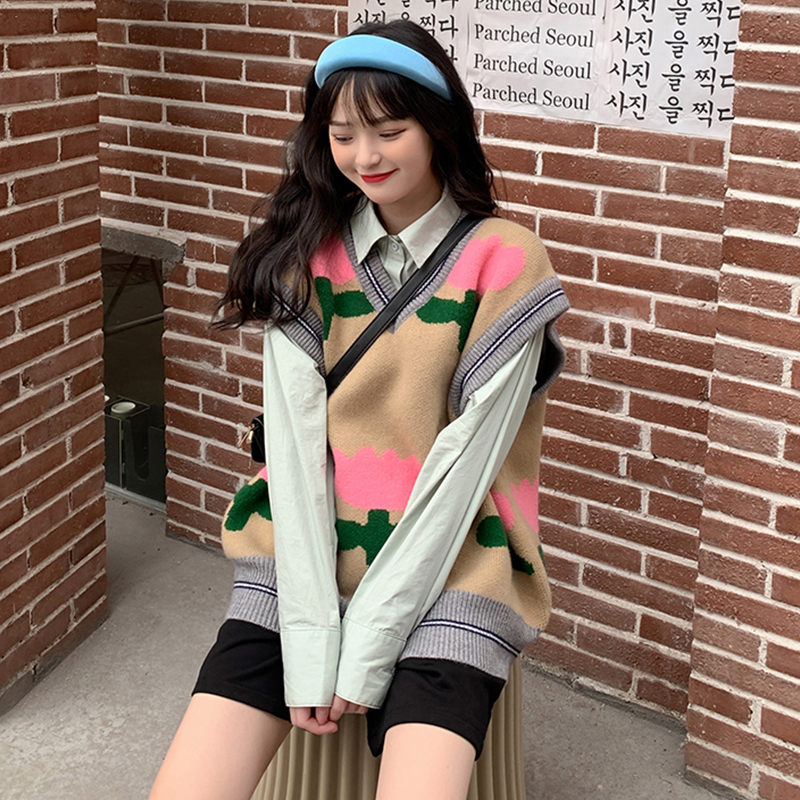 Real shot V-neck contrast tulip knitted sleeveless vest LONG SLEEVE SHIRT two piece set