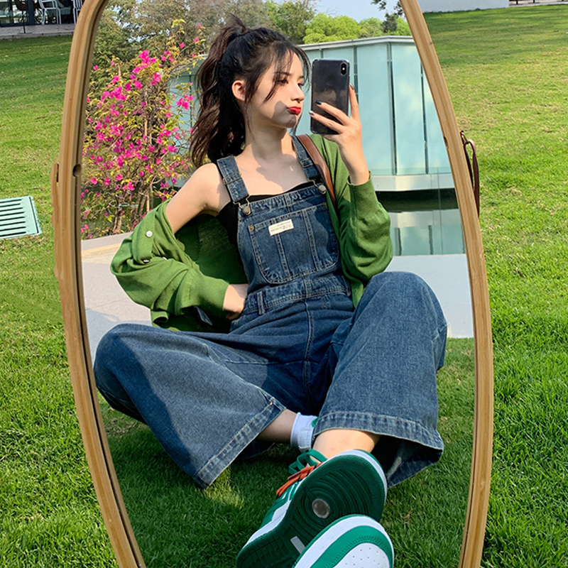 Real shooting versatile Wide Leg Jeans suspenders long sleeve V-neck T-shirt two piece set