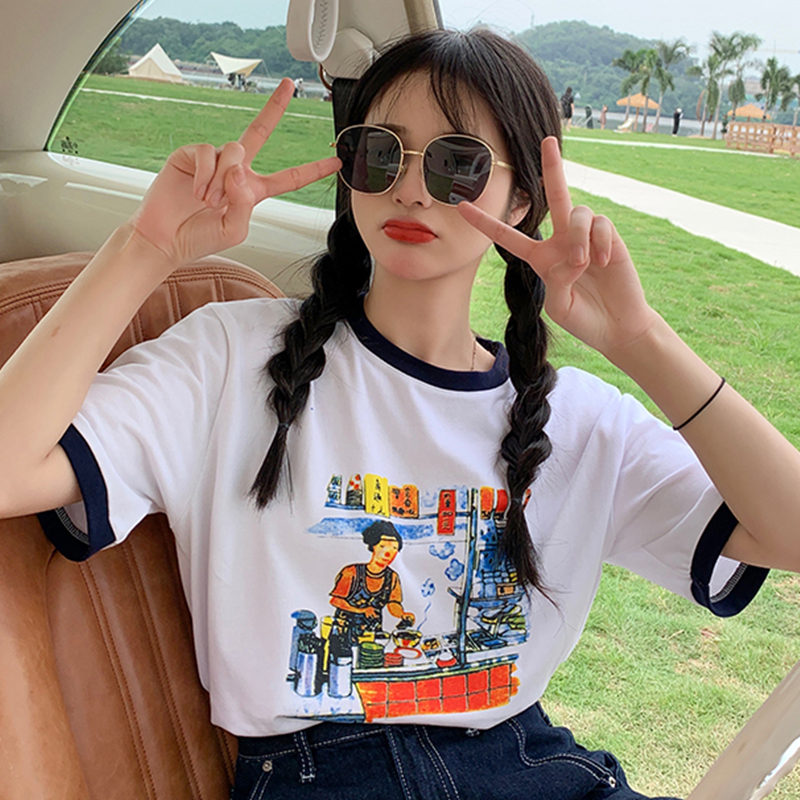 Realistic design round neck color matching cartoon print short sleeve versatile T-shirt