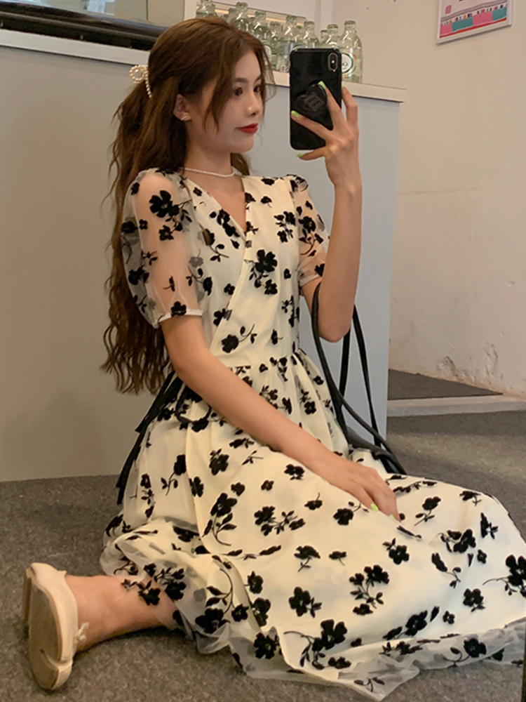 Real French lace sleeve long waist floral dress skirt