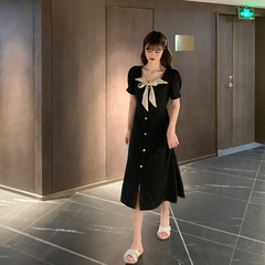 Real shot French retro lace up bow Chiffon Dress waist short sleeve small black dress