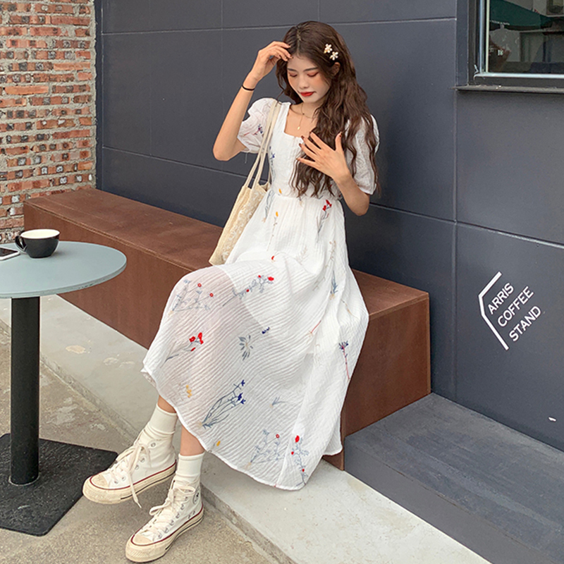 Real time square neck embroidered open back dress