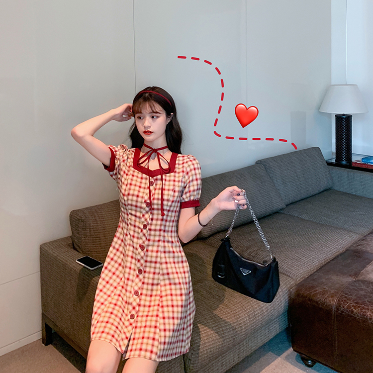 Real shot chicken heart collar Plaid bandage dress