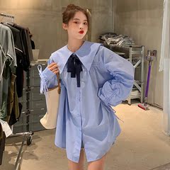 Real design short shirt skirt long sleeve loose blue dress