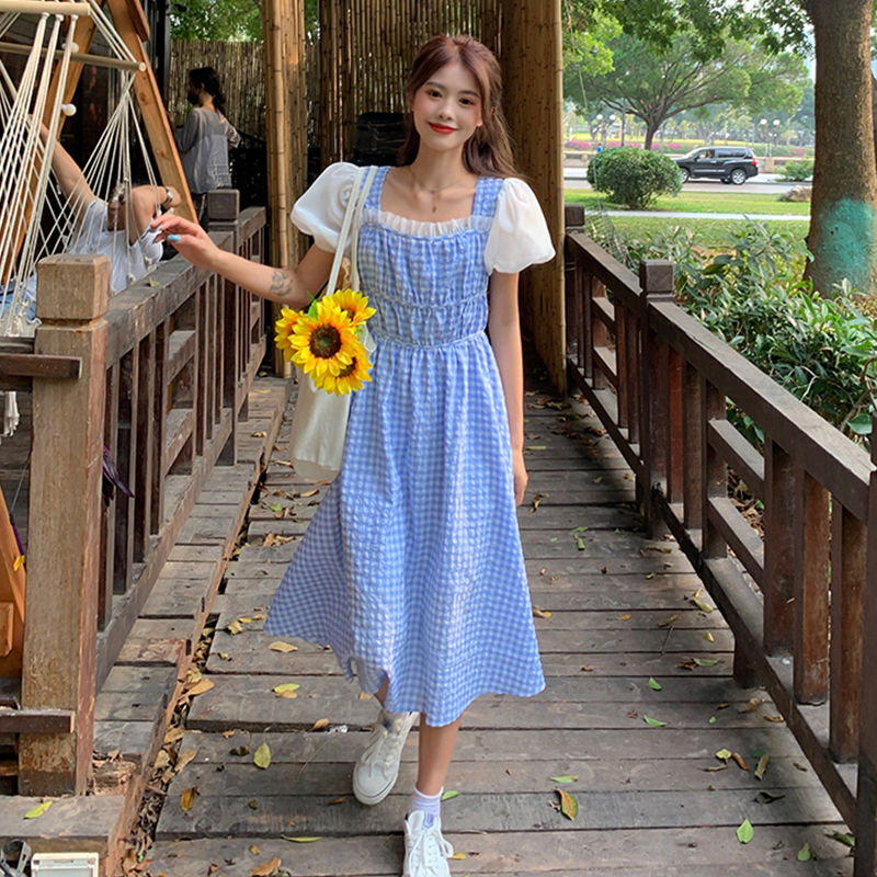 Real French holiday style waist air blue plaid square neck bubble sleeve dress