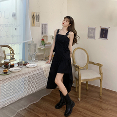 Real shot black suspender irregular mid length waist dress