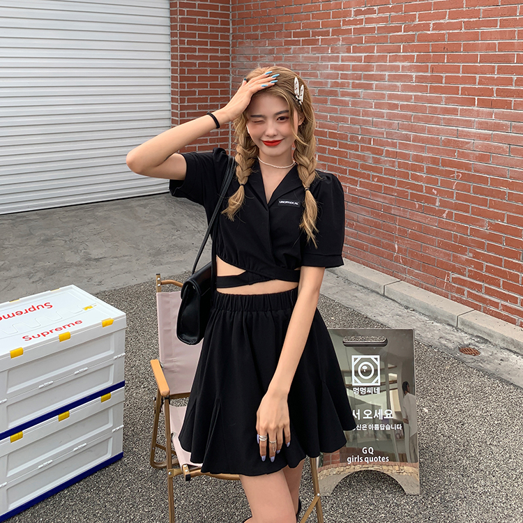 Real shot V-neck back lace up short sleeve top A-line puffy skirt suit