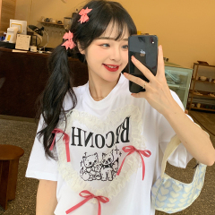 Real shot short sleeve round neck printed T-shirt ribbon top