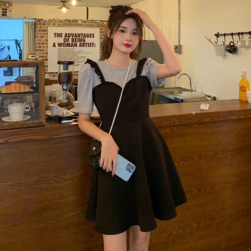 Real shot LACE SLING short sleeve stitching fake two-piece dress