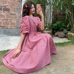 French bubble sleeve puff skirt Floral Dress