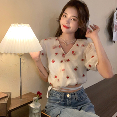 Real shot design Rose Embroidery chiffon shirt bubble sleeve V-neck lace up short sleeve top