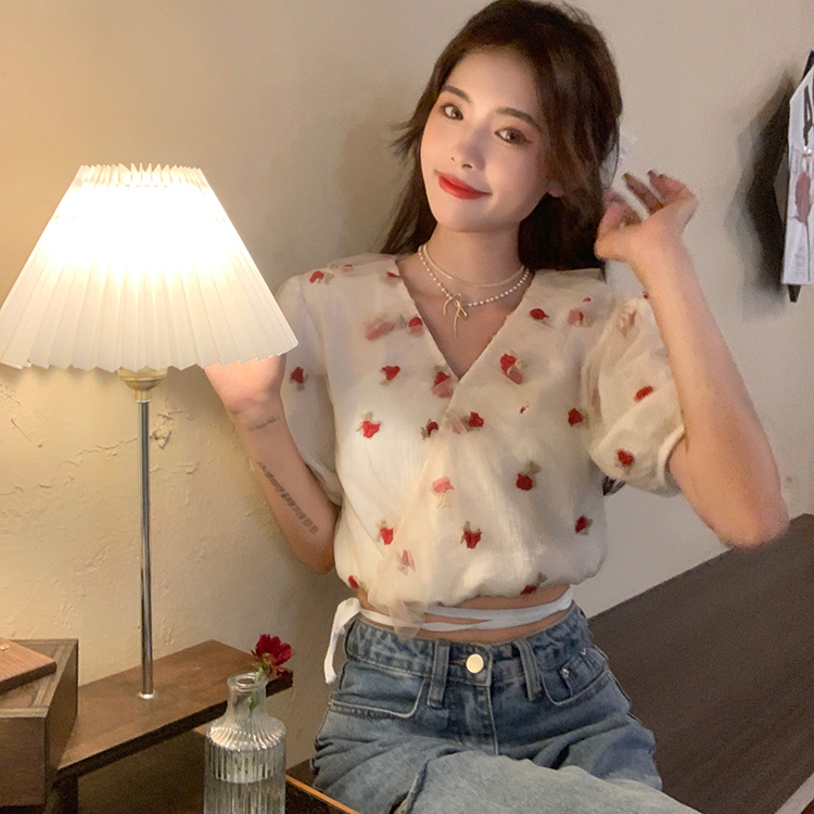 Real shot design Rose Embroidery chiffon shirt bubble sleeve V-neck lace up short sleeve top