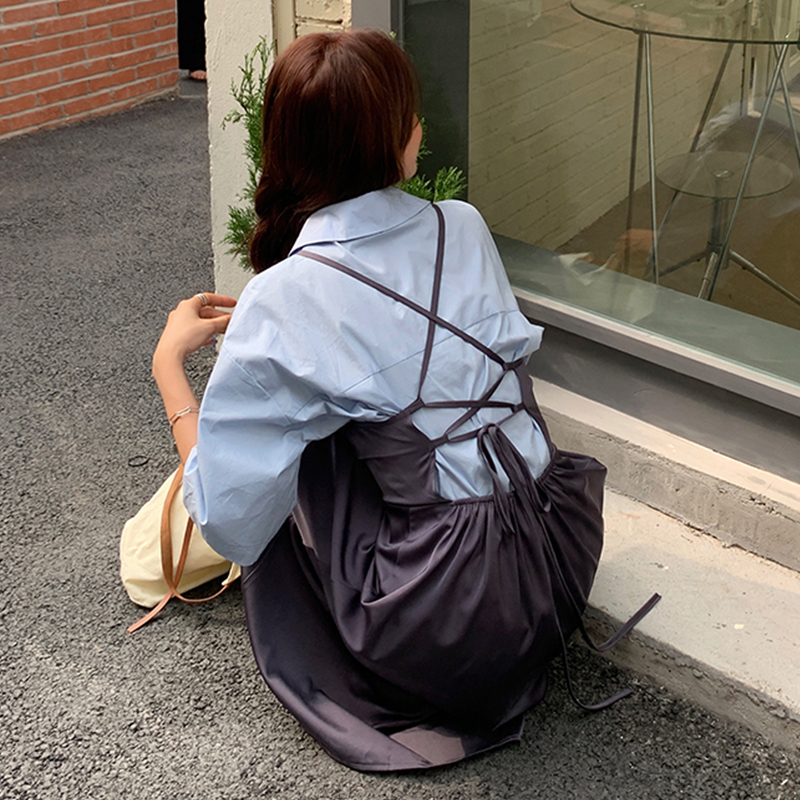 Real back lace up suspender dress long sleeve shirt two piece set