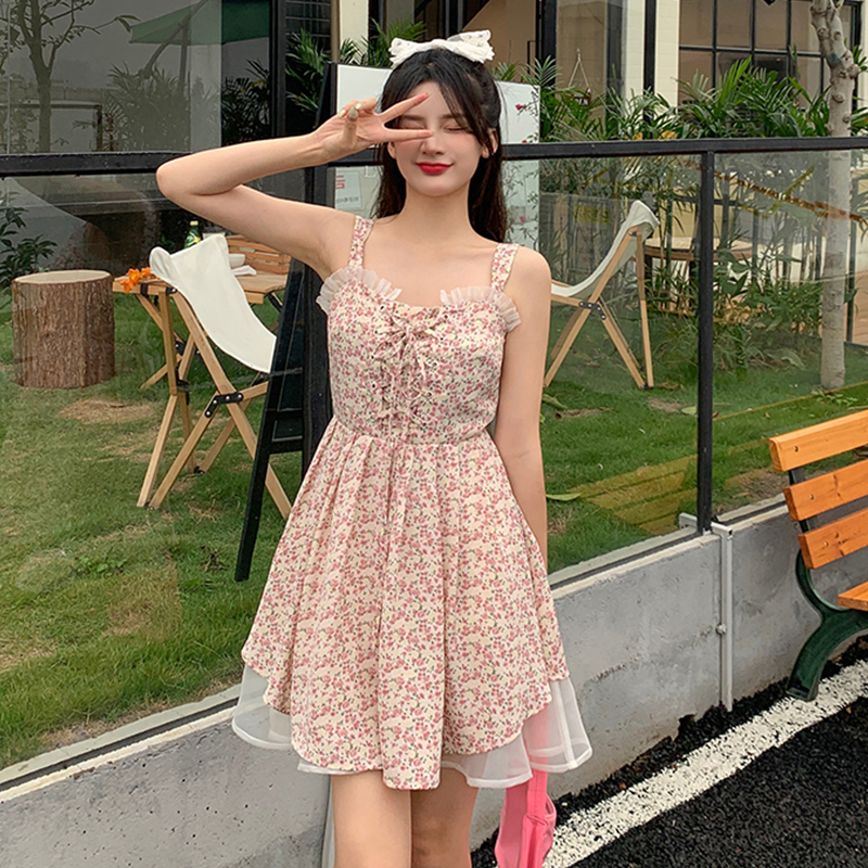 Real shot floral suspender dress