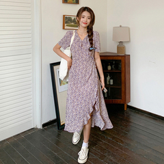 Real picture floral dress with side slit and ruffle