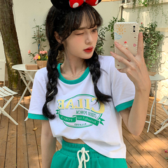 Real shot round neck color matching letter print short sleeve T-shirt wide leg sports shorts two piece set