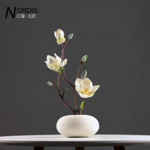 新中式素烧花瓶仿真白玉兰家居装饰摆件客厅餐厅玄关民宿插花摆设