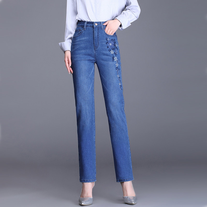 刺绣直筒牛仔裤高腰2025春秋新款绣花中年妈妈长裤弹力显瘦直筒裤