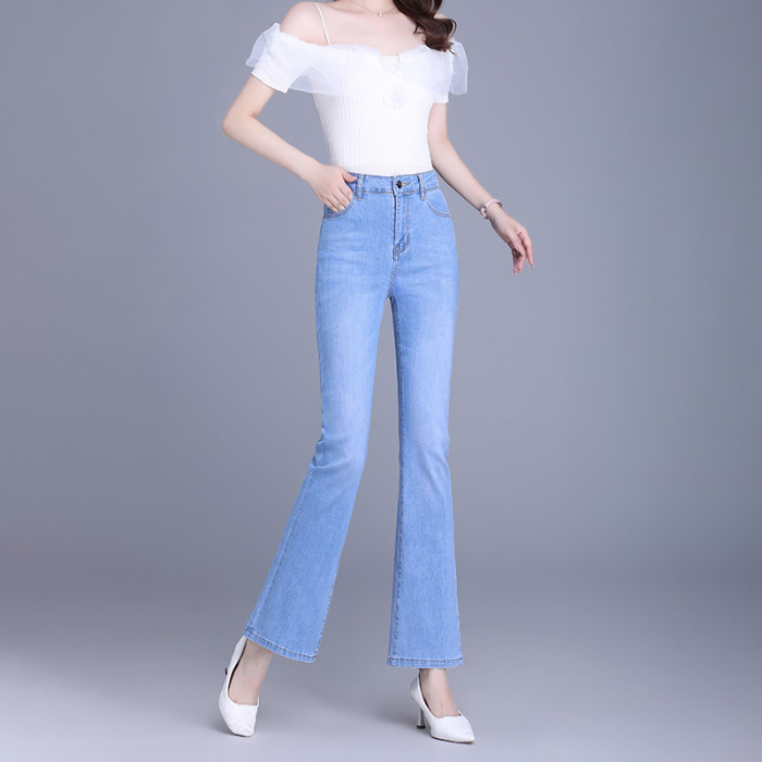 浅色薄款微喇牛仔裤弹力显瘦2025年夏季高腰九分长裤小个子微喇裤