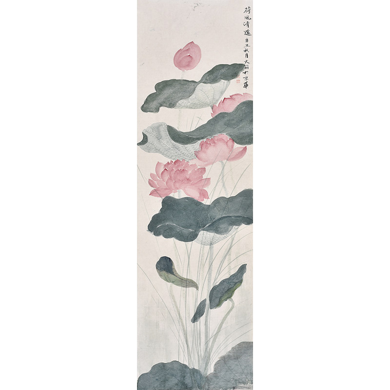 百年好合并蒂莲荷花入户玄关装饰画国画工笔画花鸟画走廊过道挂画